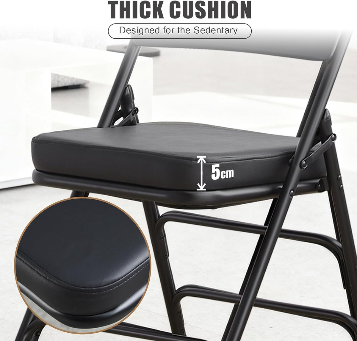 Gepolsterde Vouwstoelen 2-Pack, Zware-Duty Gestoffeerde Opvouwbare Stoel met Metal Frame voor Binnen & Buiten, Trouwerij, Feest, Banquet & Eetkamer (Zwart)