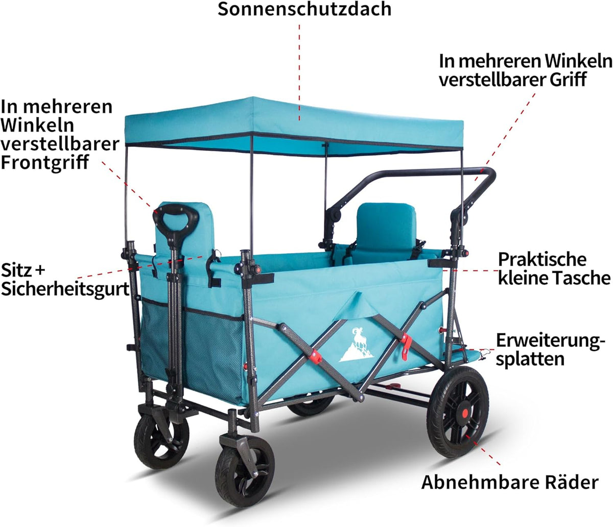 Opvouwbare bolderwagen Hemelsblauw – Bolderkar – Handwagen – Transportwagen – Strandkar – 2 klapstoelen met veiligheidsgordels en dak – 180L capaciteit, draagvermogen 120 kg