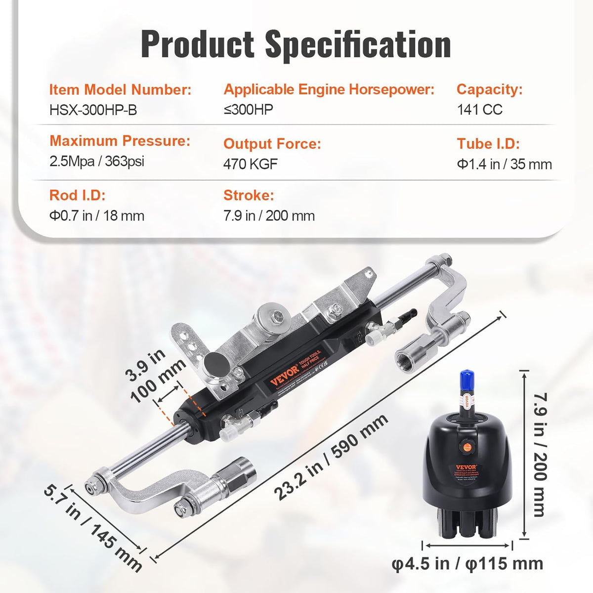 VEVOR Hydraulische buitenboordstuurset, 300 pk, hydraulisch stuursysteem voor scheepsboten, met roerpomp tweewegslotrisecilinder en 26 voet hydraulische stuurslang, voor enkelmotorboten met één