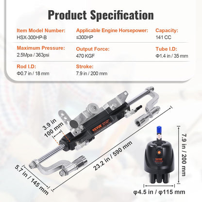 VEVOR Hydraulische buitenboordstuurset, 300 pk, hydraulisch stuursysteem voor scheepsboten, met roerpomp tweewegslotrisecilinder en 26 voet hydraulische stuurslang, voor enkelmotorboten met één