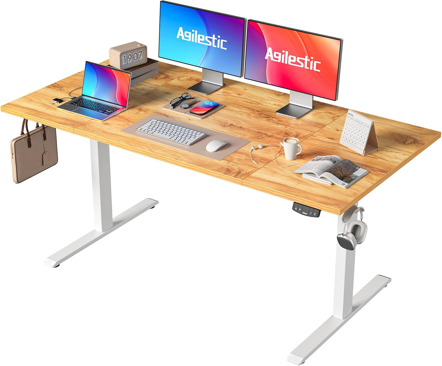 Agilestic Elektrisch in hoogte verstelbaar bureau, 160 x 80 cm, zit-sta bureau met geheugenfunctie, in hoogte verstelbare computertafel, gamingbureau met vierkant tafelblad, lichtbruin