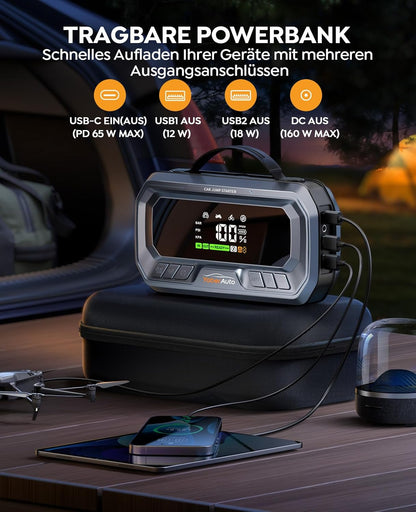 YaberAuto Starthulp powerbank met 160 psi compressor, 6500 A starter powerbank, PD 65 W ingang/uitgang powerbank, voor auto's met 3,3 inch lcd-scherm, 600 lumen noodverlichting, gedwongen startfunctie