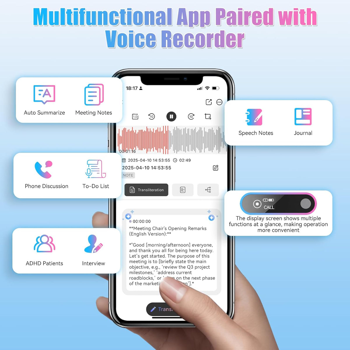 AI Digitale Voice Recorder 64 GB – Dictafoon – Dicteerapparaat – Spraakrecorder – Geluidsrecorder – 118+ Talen – Real-time Transcriptie & Automatische Samenvatting