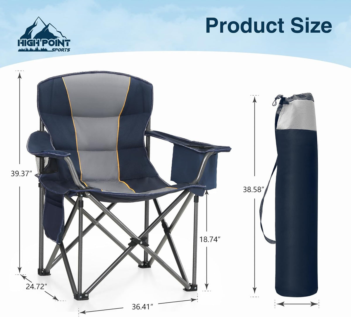 HIGH POINT SPORTS Klapstoel Camping Oversized Opvouwbare Campingstoel Maximale belasting: 200 kg met koeltas, armleuning, bekerhouder, gevoerd, draagbaar, blauw, 2 stuks