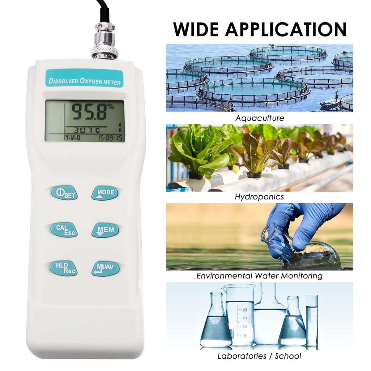 Opgeloste Zuurstof Meter DO Temperatuur Tester Waterkwaliteit Monitor met Zuurstofelektrode voor Aquarium, Zoetwater, Laboratorium, Aquacultuur, etc.
