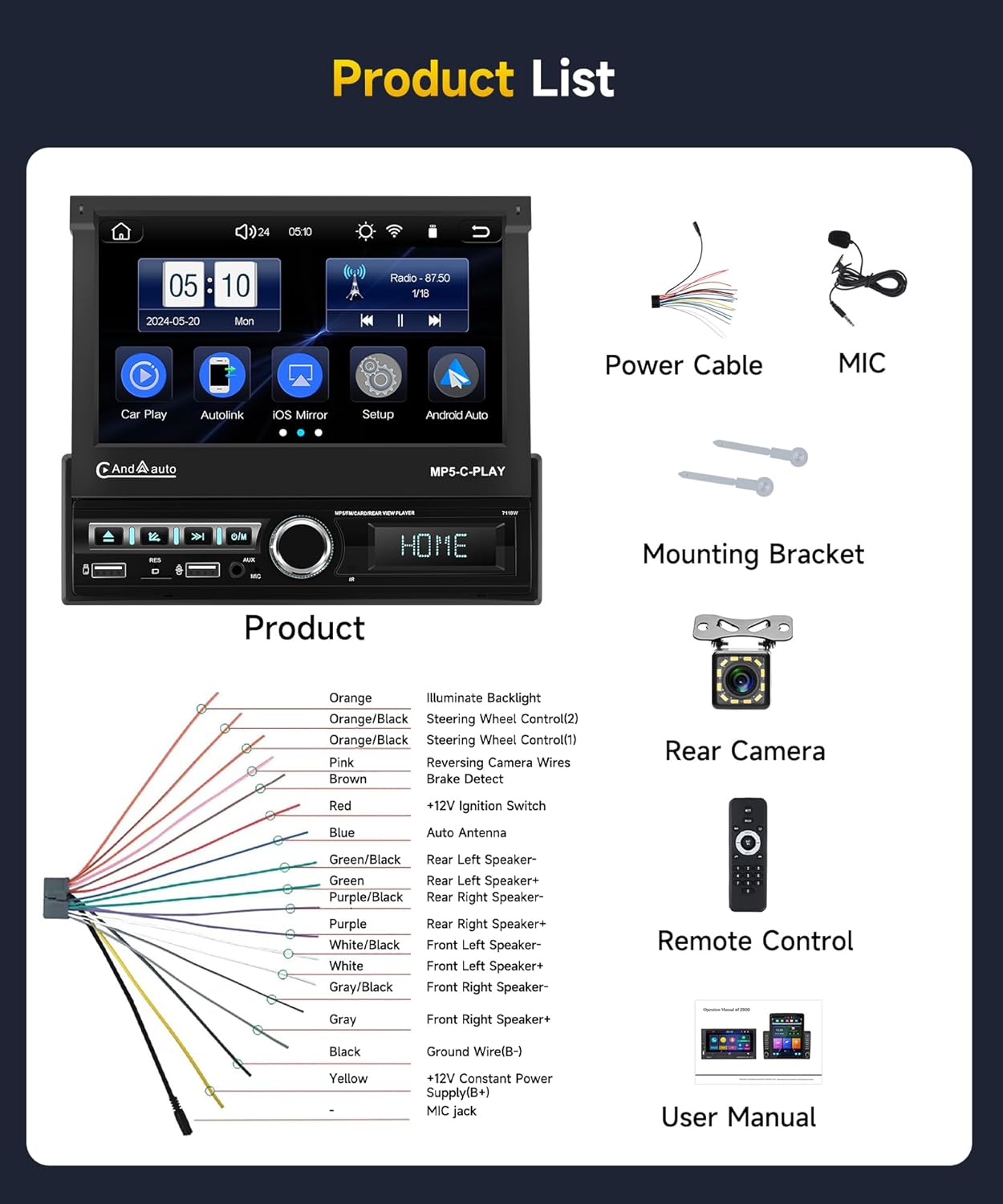 Autoradio 1 Din Carplay Android Auto Draadloos met 7 inch elektrisch uitschuifbaar scherm,1-DIN radio FM met Bluetooth,GPS/Navi,Mirror Link,2 USB/AUX/SD met achteruitrijcamera,stuurwielbediening