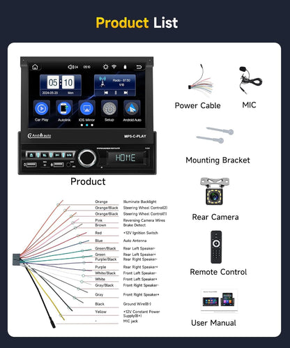 Autoradio 1 Din Carplay Android Auto Draadloos met 7 inch elektrisch uitschuifbaar scherm,1-DIN radio FM met Bluetooth,GPS/Navi,Mirror Link,2 USB/AUX/SD met achteruitrijcamera,stuurwielbediening