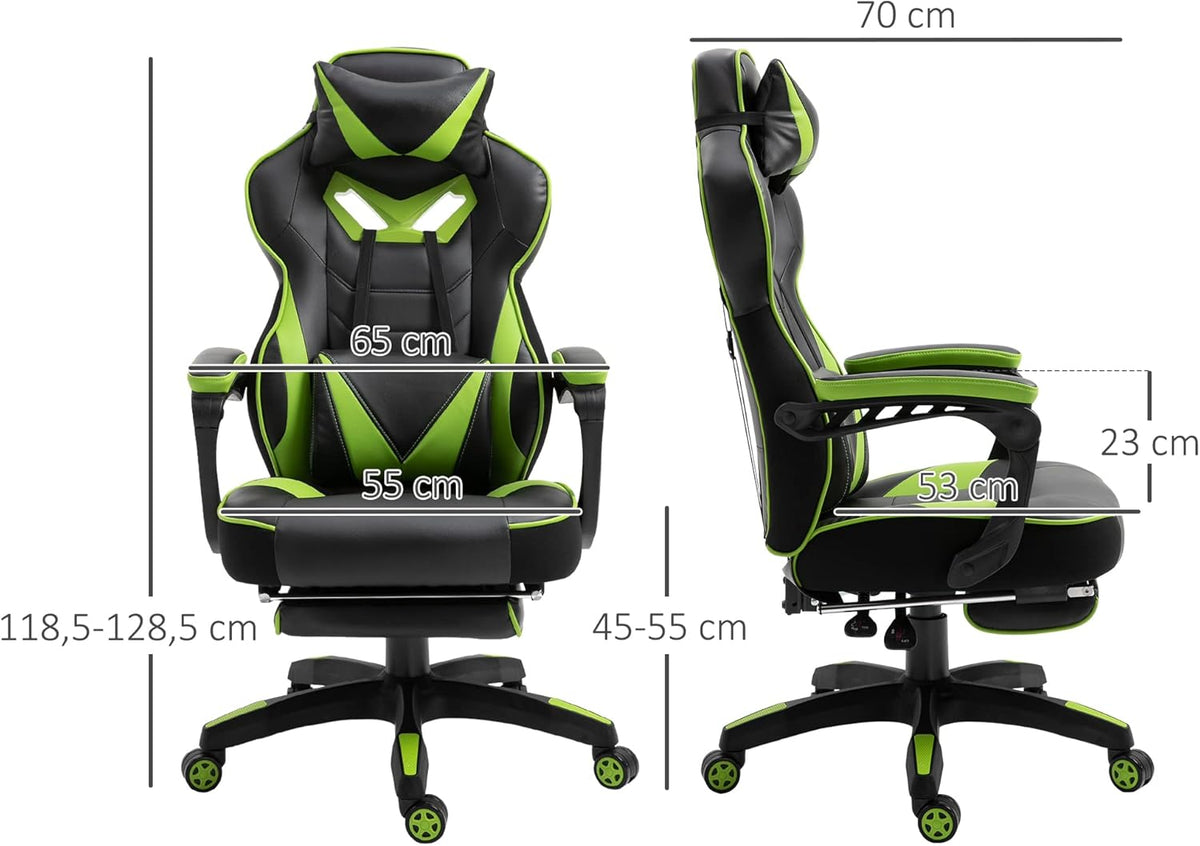 Vinsetto Ergonomic Gaming Chair, Comfortable Office Chair with Footrest, Headrest and Lumbar Cushion, Height Adjustable, Black and Green - QUORE