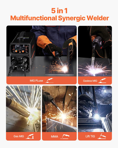 VEVOR MIG Welding Machine, 200 A, Syergetic Welding Machine, Portable MIG Gas Free 5-in-1 Gas Free Welding Machine, with IGBT Inverter Technology, LCD Display, TIG Lift Flashlight Not Included