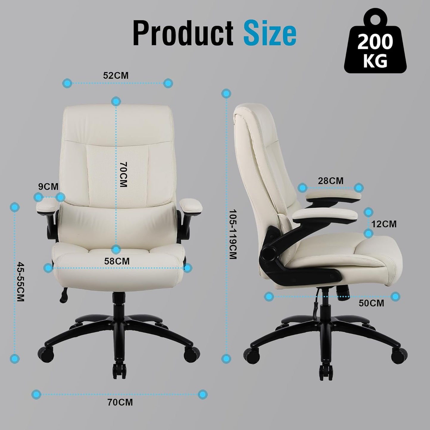 Youhauchair Executive Bureaustoel, bureaustoel met opklapbare armleuningen, 200 kg computerstoelen voor zware mensen, PU-lederen bureaustoelen voor thuis, hoge rugleuning ergonomische bureaustoel