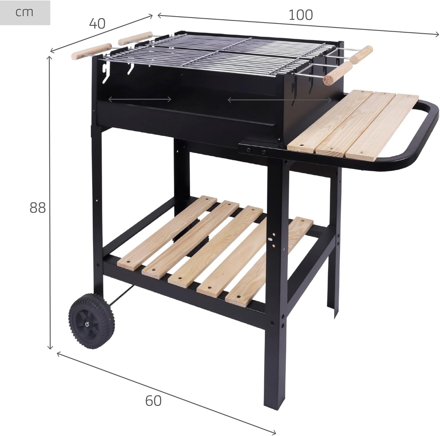 AKTIVE Draagbare houtskoolgrill met dubbele grill, metaal, 100,5 x 40 x 88,5 cm, 3 verstelbare hoogtes, 2 wielen voor eenvoudig transport, geëmailleerd metaal en hout, houtskoolbarbecues (52975)
