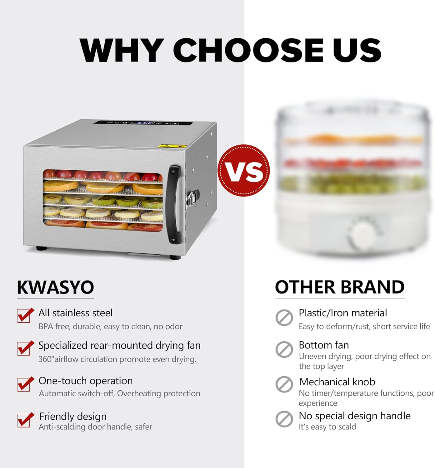 Kwasyo Voedseldroger, BPA-vrij, 30~90 ℃ temperatuurinstelling, max. 24 uur, fruitdroger met gratis receptenboek, droogautomaat voor fruit, groenten, vlees en chili-400W