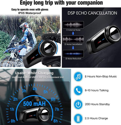 QSPORTPEAK Motorhelm Bluetooth Headset Communicatiesystemen Kit, 2 stks M2 1000M 6 Rijders Helm Bluetooth Intercom met Ruisonderdrukking, BT5.0/FM Radio/Siri/Universele koppeling/Waterdicht