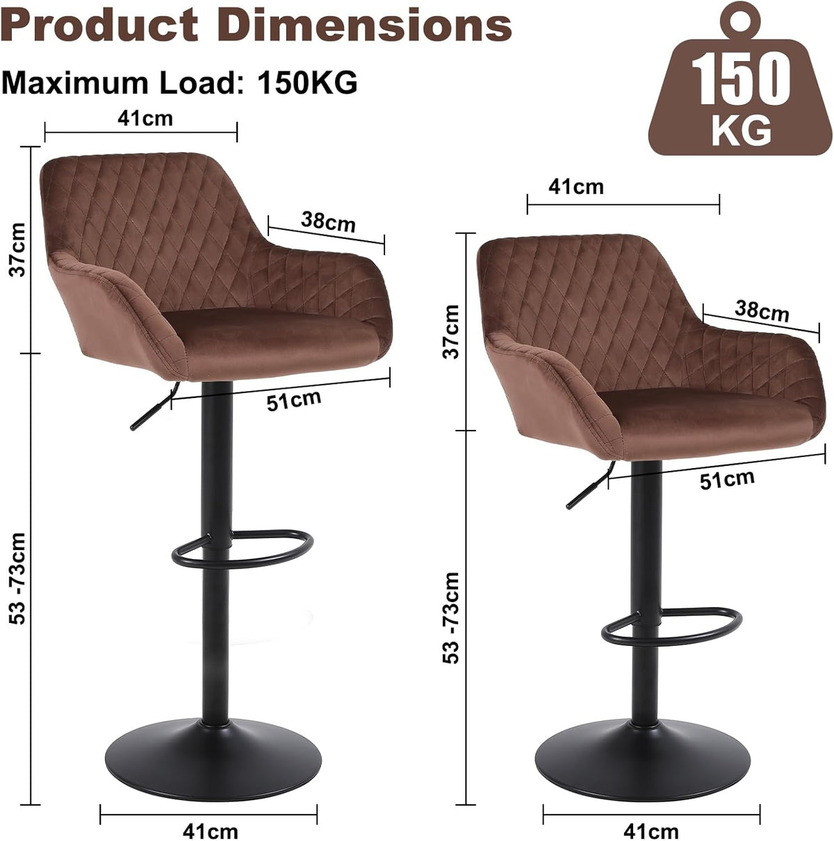 ralex-chair Barkrukken set van 2, in hoogte verstelbare fluwelen stof draaibare barkrukken, ontbijt eetkamerstoelen met rugleuning en armleuningen voor bar, toonbank en keuken, Bruin