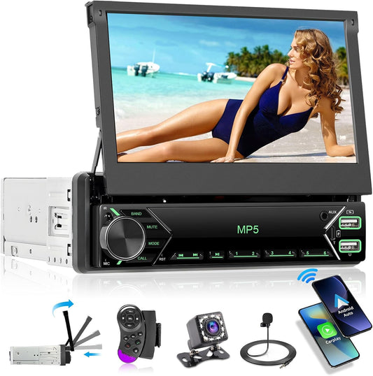 Hikity 1 Din autoradio met 7 inch flip-out gemotoriseerd touchscreen autoradio met Bluetooth radio achteruitrijcamera Mirror Link USB AUX MIC