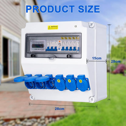 Bouwstroomverdeler, wandverdeler, volledig bedraad (6 x 230 V + LS+FI + teller)