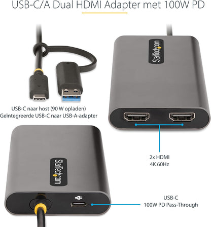 StarTech.com USB-C naar Dual-HDMI Adapter, USB-C of A naar 2x HDMI, 4K 60Hz, 100W Power Delivery Pass-Through, 30cm Ingebouwde Kabel, Multi-Monitor Converter voor Laptop (109B-USBC-HDMI)