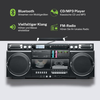 MUSE Bluetooth Retro Boombox met radio, CD, cassetterecorder, 80 W uitgangsvermogen, USB, aux, Micro SD-kaartsleuf