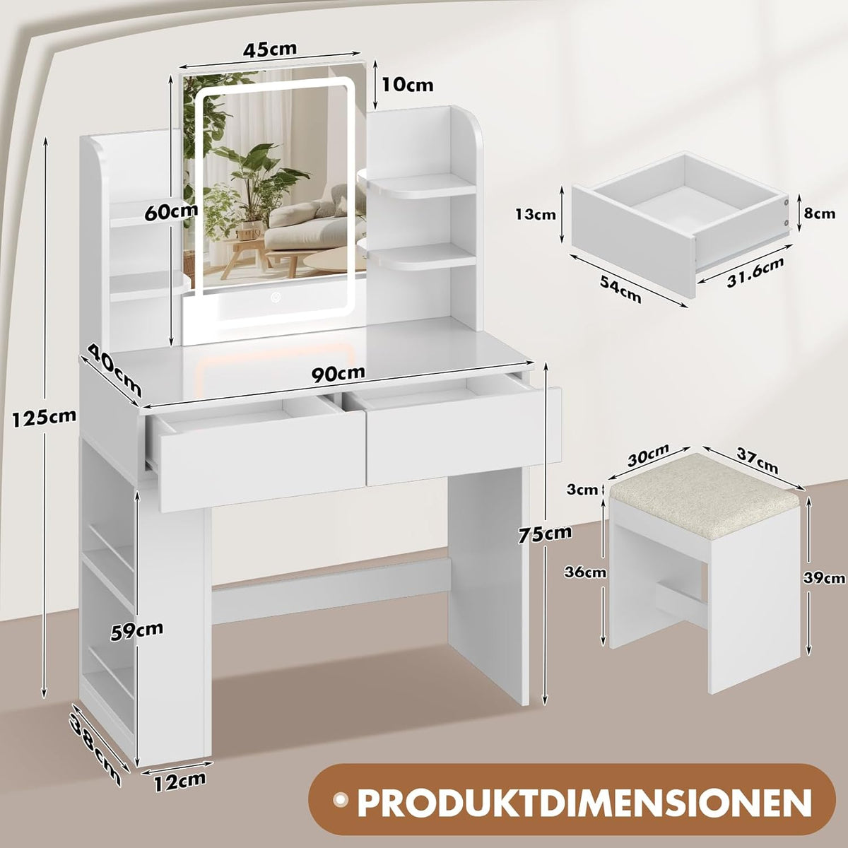 Devoko Dressing Table with Mirror and Lighting,Adjustable Brightness,Makeup Table with Stool,2 Drawers,4 Shelves,Modern Makeup Desk for Bedroom and Dressing Room, 90 x 40cm(White and White) - QUORE