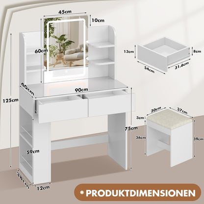 Devoko Dressing Table with Mirror and Lighting,Adjustable Brightness,Makeup Table with Stool,2 Drawers,4 Shelves,Modern Makeup Desk for Bedroom and Dressing Room, 90 x 40cm(White and White) - QUORE