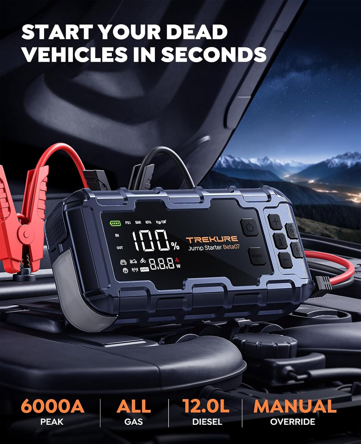 TREKURE 10-in-1 booster autostarthulp 7000 A en PD 45 W snel opladen, noodstarthulp voor auto met compressor 160 psi, handschoenen en lichten, accustarthulp voor alle gassen of 12 l diesel