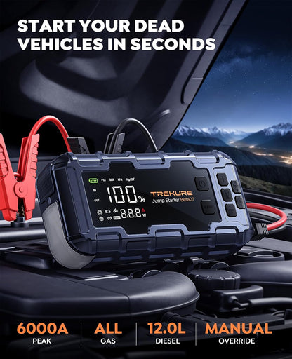 TREKURE 10-in-1 booster autostarthulp 7000 A en PD 45 W snel opladen, noodstarthulp voor auto met compressor 160 psi, handschoenen en lichten, accustarthulp voor alle gassen of 12 l diesel