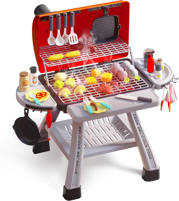 BBQ Speelgoed - Kinderbarbecue - Keuken Speelgoed - Realistische BBQ Grill - met Rook - Keukenaccessoires - Barbecue - voor Kinderen - 44 x 33.5 x 18.5 cm - Rood/Grijs