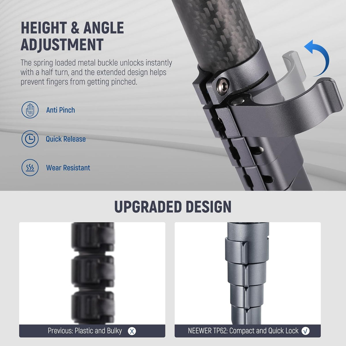 Neewer LITETRIP LT32 62" reisstatief koolstofvezel met ±15° nivelleringsbasis, afneembare middenas, snelle flip-gesp, 360° Pan Arca type QR-plaat compatibel met Peak Design Capture V3 (voormalig TP62)