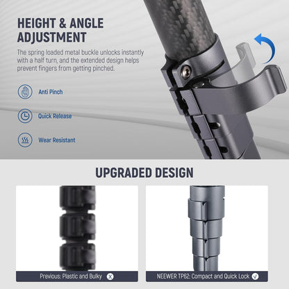 Neewer LITETRIP LT32 62" reisstatief koolstofvezel met ±15° nivelleringsbasis, afneembare middenas, snelle flip-gesp, 360° Pan Arca type QR-plaat compatibel met Peak Design Capture V3 (voormalig TP62)