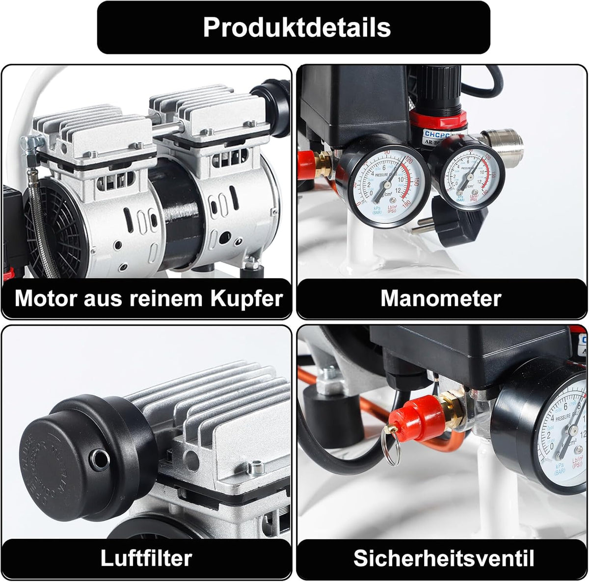 Fluistercompressor – Olievrije Compressor – Stille Luchtcompressor – Persluchtcompressor – Compressor Ketel – 9 Liter – 550 W – Ultra Stil 58 dB
