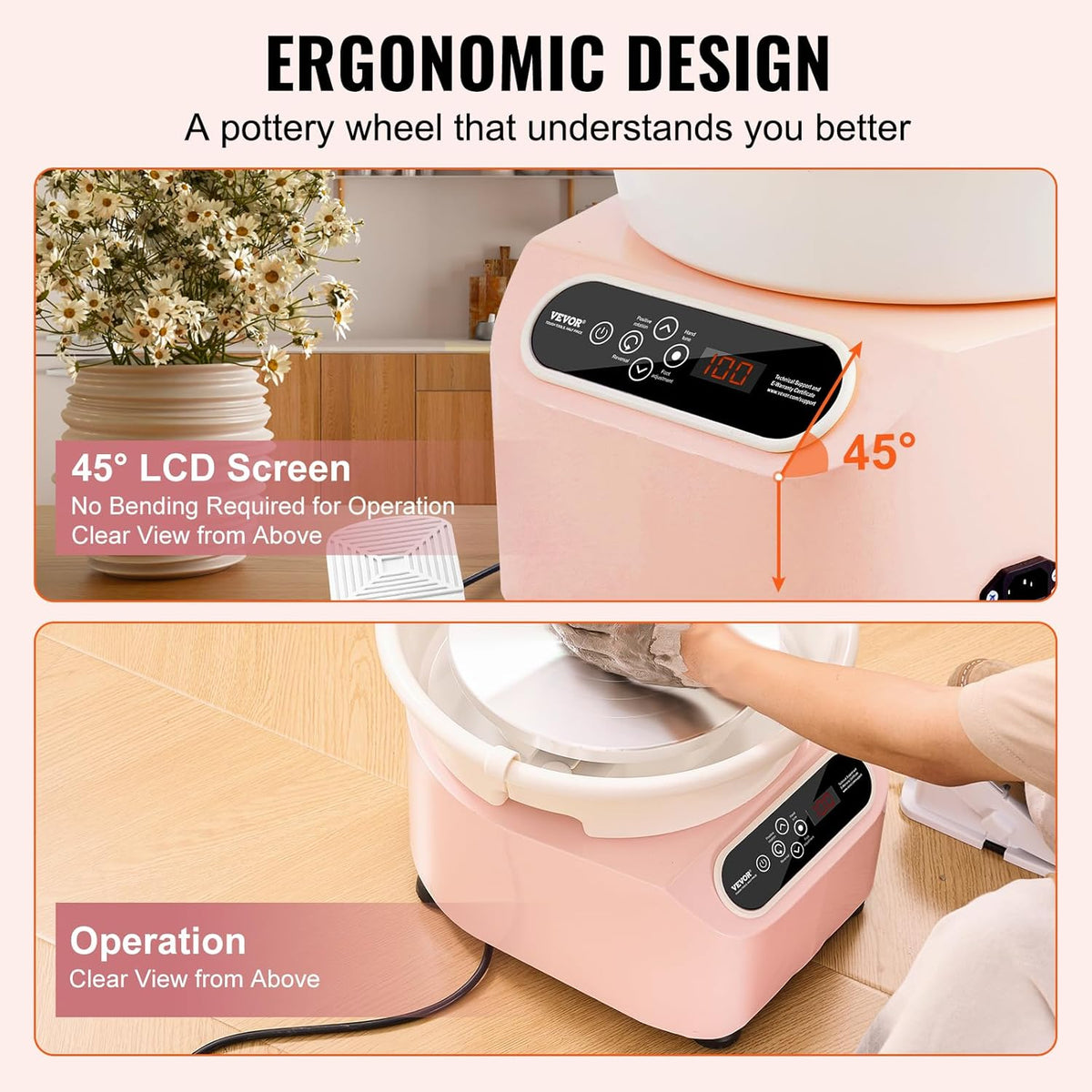 Pottenbakkersschijf – Keramiekdraaibank – Pottenbakkersmachine – Draaischijf – Keramiekapparaat – Roze – 28 cm Schijf – 350W Motorvermogen – Voetpedaal en Touchscreenregeling - QUORE