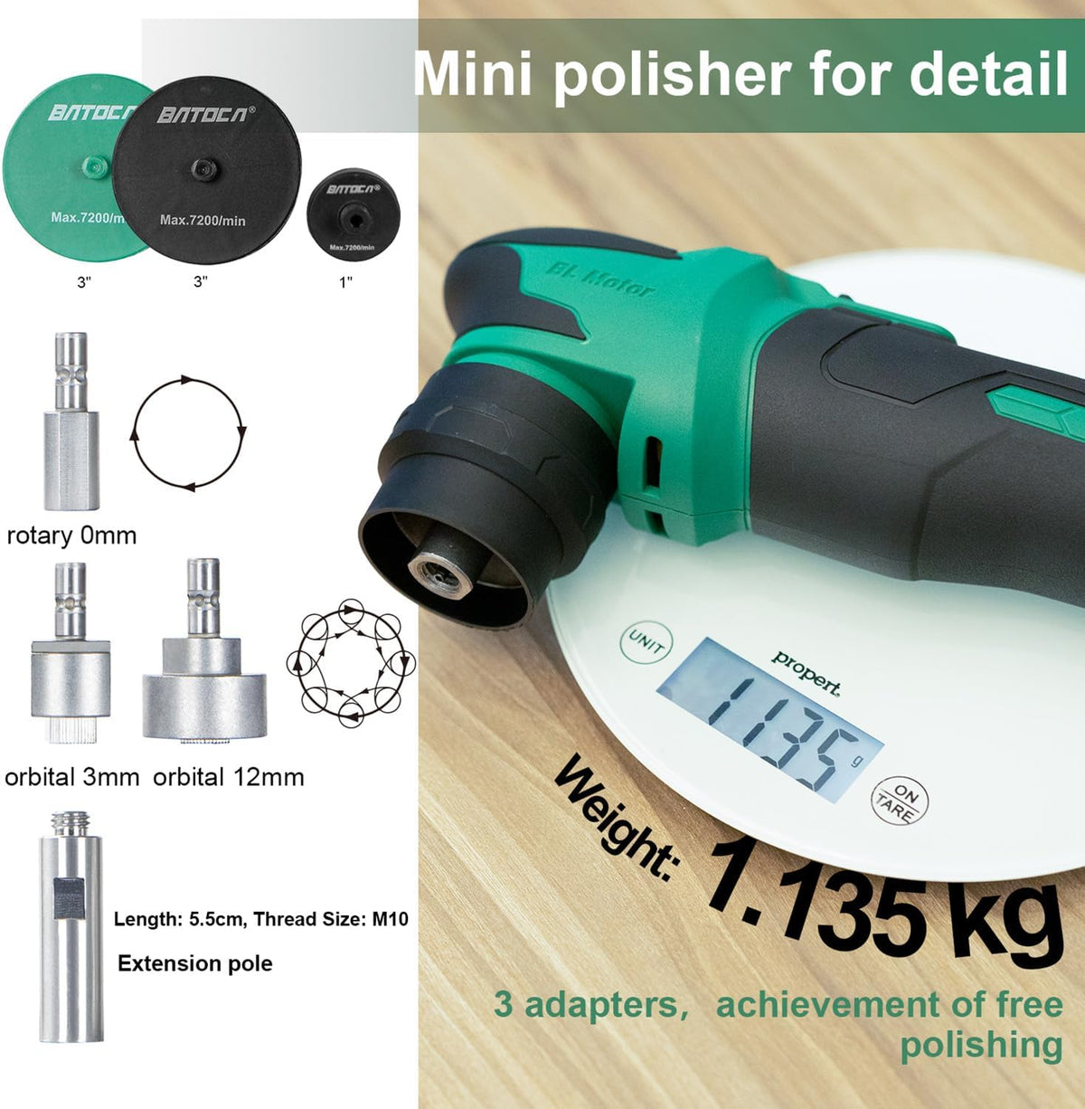 BATOCA Auto Detail polijstmachine S4,Roterend en Orbitaal Polijsten,25mm/75mm Polijstset,Professionele Polijstmachine,Borstelloze Motor,Mini Accu Polijstmachine met 2 2.5Ah Batterijen,2000-5500PMR