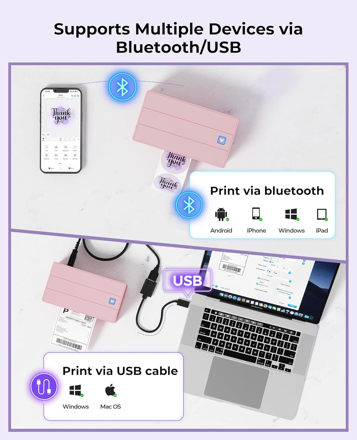 MUNBYN Labelprinter Bluetooth 4x6, Thermische Labelprinter, Ideaal voor kleine bedrijven en thuisgebruik, Compatibel met iOS, Android, Windows, Chromebook, DHL en UPS, Roze