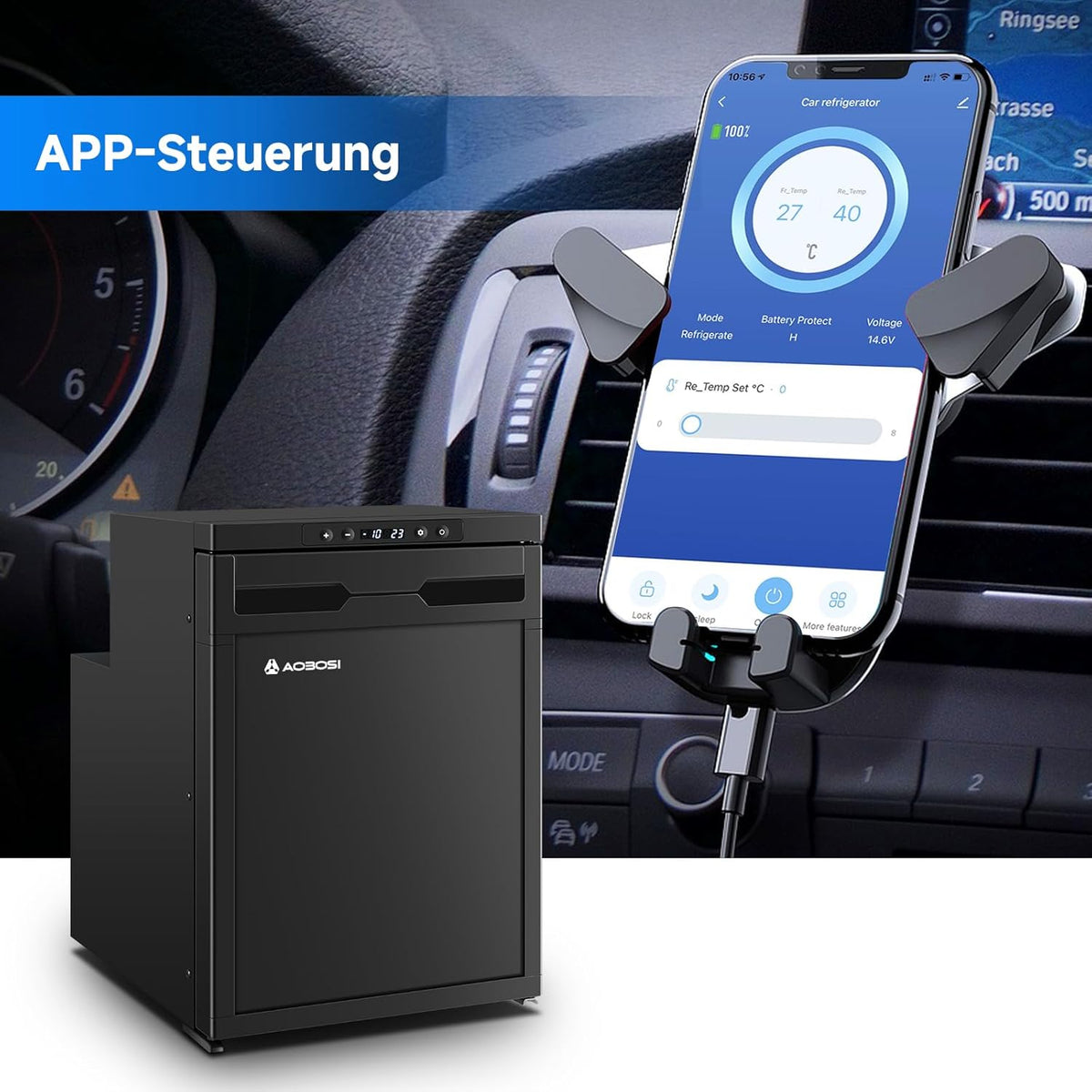 AAOBOSI 45L Compressorkoelkast, APP-Gestuurde Camperkoelkast, 12/24V DC, LED-Verlichte Voertuigkoeler, Bereikt -20 °C, Geschikt Voor Auto's, Vrachtwagens, Boten, Campers, Kamperen en Reizen