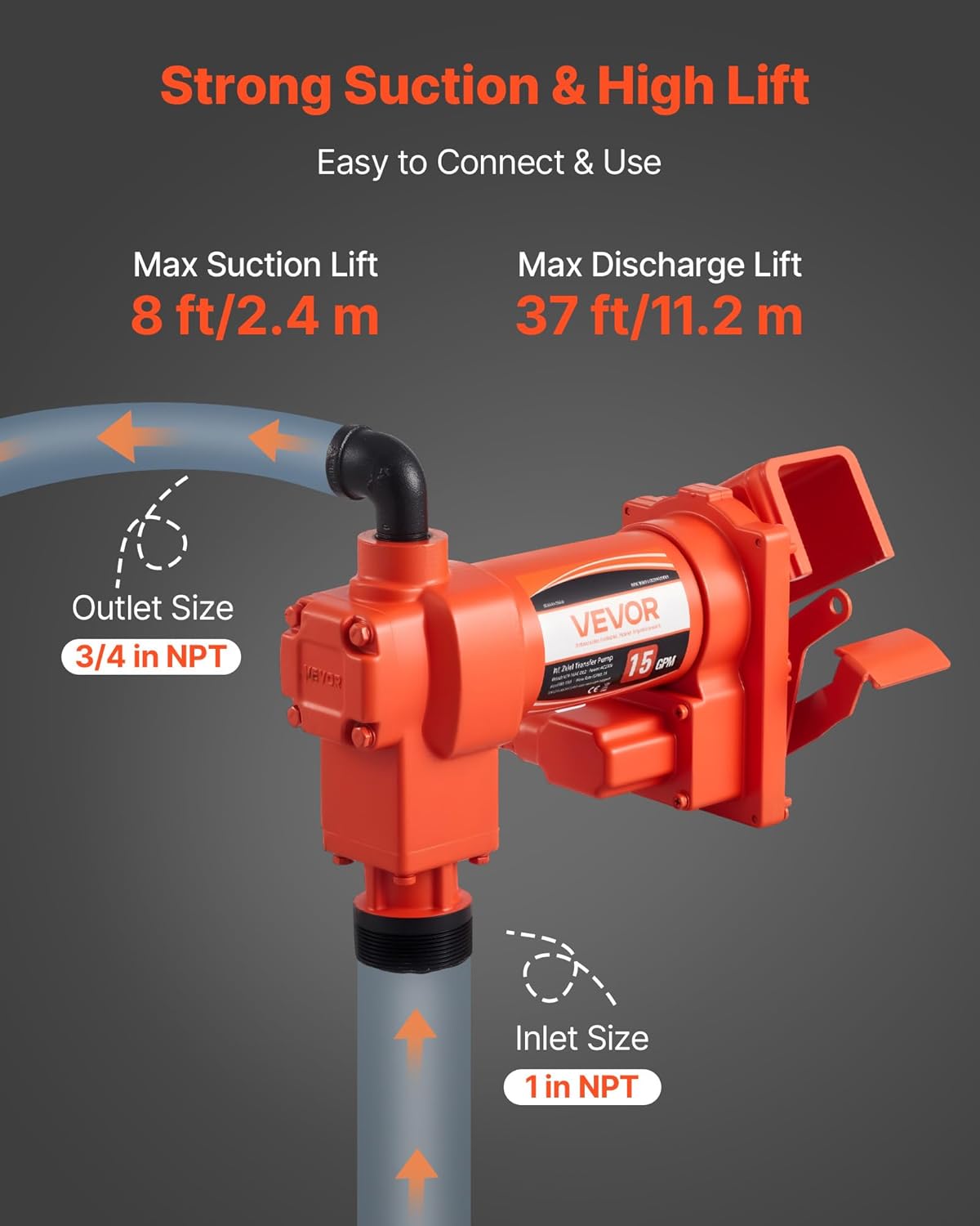 VEVOR Brandstoftransferpomp, 230 V AC, elektrische dieseltransferpomp, 57 l/min, maximale zuighoogte 2,4 m, maximale opvoerhoogte 11,28 m, voor benzine, kerosine, biodiesel, ethanol