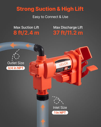 VEVOR Brandstoftransferpomp, 230 V AC, elektrische dieseltransferpomp, 57 l/min, maximale zuighoogte 2,4 m, maximale opvoerhoogte 11,28 m, voor benzine, kerosine, biodiesel, ethanol