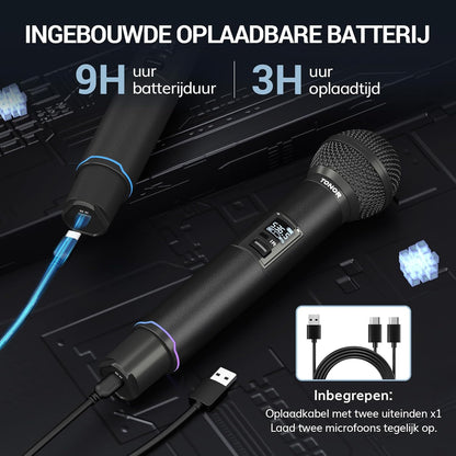 Draadloos microfoonsysteem – Draadloze microfoon, microfoonset, karaoke microfoon, set van 2 – Auto-Scan & IR-Koppeling – Bereik Tot 100 Meter