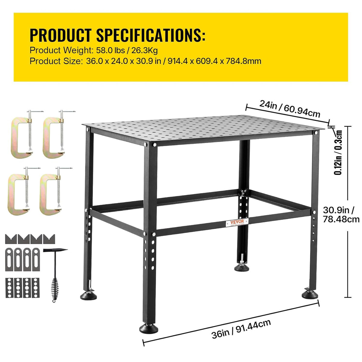 VEVOR Lastafel 91,4 x 61 cm, 360 kg capaciteit lassen werkbank tafel, zware werkbank met 1,6 cm armatuur gaten en antislip voetpads voor lassen, assemblage, reparatiewerkzaamheden