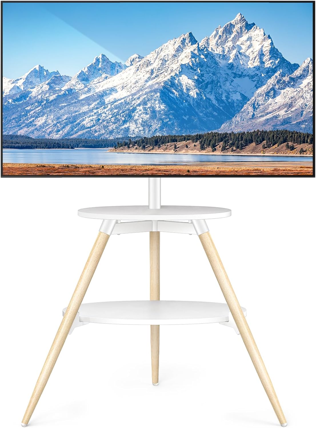 5Rcom Statief ezel tv-standaard met 2 planken draaibaar en in hoogte verstelbaar houten tv-vloerstandaard voor 32-65 inch LED LCD OLED-scherm Max VESA 400x400 mm Max belasting 40 kg wit