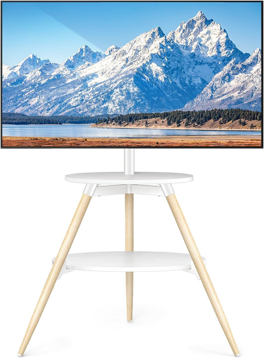 5Rcom Statief ezel tv-standaard met 2 planken draaibaar en in hoogte verstelbaar houten tv-vloerstandaard voor 32-65 inch LED LCD OLED-scherm Max VESA 400x400 mm Max belasting 40 kg wit