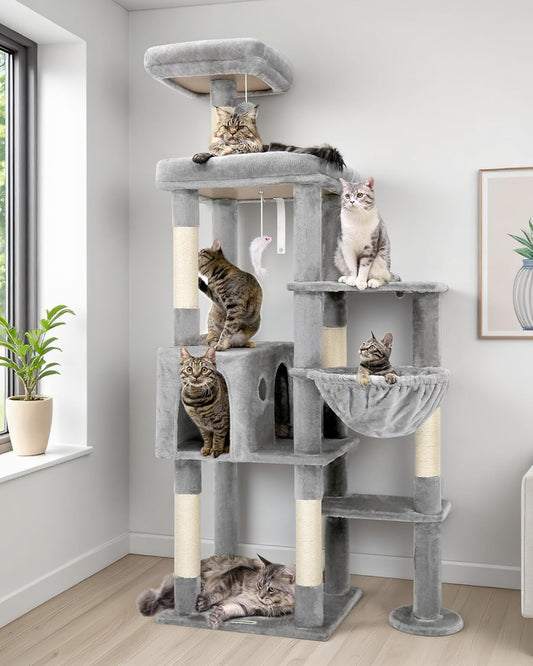 Globlazer cat tree xl,Cat Tree Large High 167cm Large Platform Padded Seat Rod Cat House Basket Plush Toy,Stable Cat Tower for Large Cats 20lbs+ Indoor (F65B, Light Grey)
