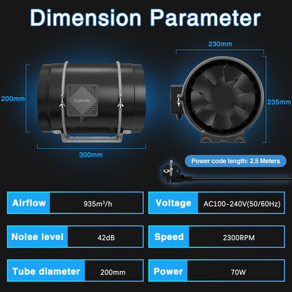 Aygrochy 200 mm inline buisventilator met variabele snelheidscontrole, afvoerventilator voor verwarming, koeling, booster, groeitenten, hydroculturen, thuisgebruik, ventilatie en afvoerluchtventilator.