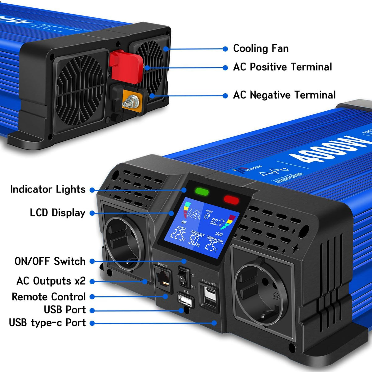 4000w/8000W Omvormer Zuivere Sinus Spanningsomvormer 24v 230v Stroomomvormers met 2 EU-stopcontact en 1 USB-poort, Draadloze Afstandsbediening, LCD-Scherm