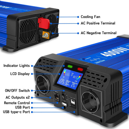 4000w/8000W Omvormer Zuivere Sinus Spanningsomvormer 24v 230v Stroomomvormers met 2 EU-stopcontact en 1 USB-poort, Draadloze Afstandsbediening, LCD-Scherm