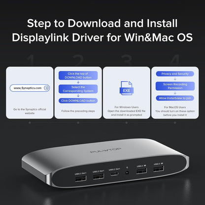 Displaylink Docking Station, PULWTOP Triple Display dock usb c voor MacBook M1/M2/M3 Windows, Laptop USB C Docking Station met 4K 60Hz 2 HDMI, 2 Display Port, PD, USB C Data, 4 USBA, Ethernet, Audio