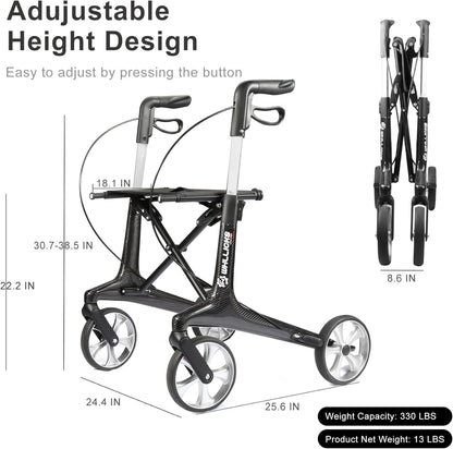 Carbon rollator, opvouwbaar en licht, met zitting, smalle rollator voor woning, opvouwbare rollatoren voor ouderen met een gewicht van 6 kg, handgreep, verstelbare hoogte 78-98 cm (Zwart)