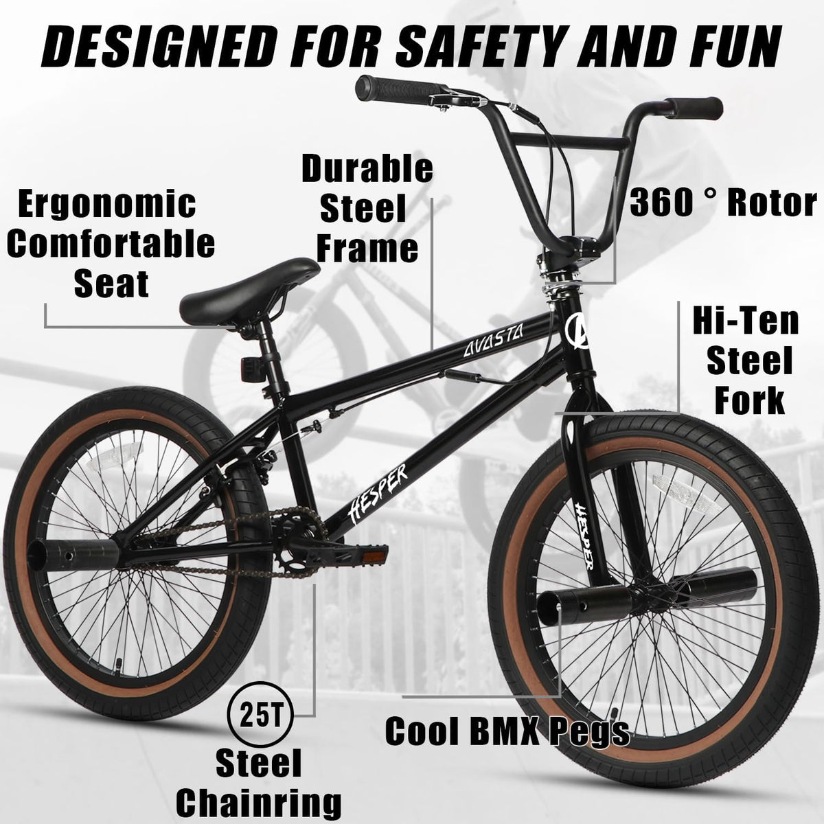 AVASTA Hesper 20 inch kinderfiets, Freestyle BMX, met 4 pegs, fietsen voor 6-14 jaar oude jongens en beginners, verschillende kleuren
