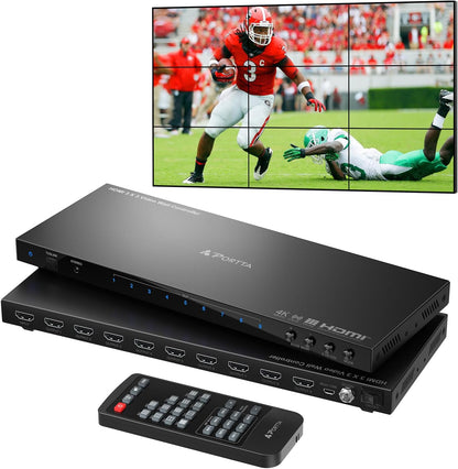 Video Wall Controller 3x3 4K, Portta HDMI Video Wall Processor met 19 splitsingsmodi, RS232, 180 ° Rotate, Audio Extractor, 3x3, 3x2, 2x3, 2x2, 4x2, 2x4, 1x2, 2x1, 9 tv -schermen in 1 Wall Display
