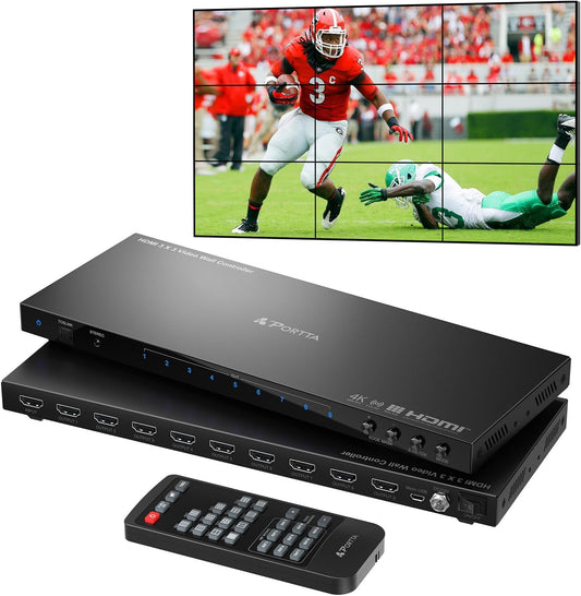 Video Wall Controller 3x3 4K, Portta HDMI Video Wall Processor met 19 splitsingsmodi, RS232, 180 ° Rotate, Audio Extractor, 3x3, 3x2, 2x3, 2x2, 4x2, 2x4, 1x2, 2x1, 9 tv -schermen in 1 Wall Display