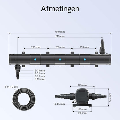 Filterset van bio-vijverfilter 90.000l, UVC-vijverzuiveraar 72W, pomp 80W, slang 25m en skimmer